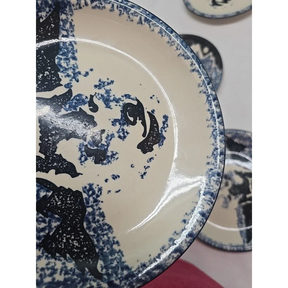 Set of 5 VTG WOLF by TIENSHAN FOLK CRAFT 7 5/8' Salad Dessert Plates Blue**READ*